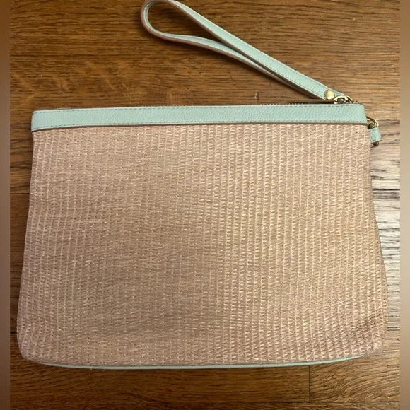 Nanette Lepore Woven Straw Wristlet Pouch - Mint Green Trim Summer Clutch - Picture 3 of 11